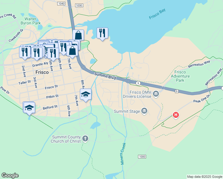 map of restaurants, bars, coffee shops, grocery stores, and more near 114 Stellar Jay Road in Silverthorne