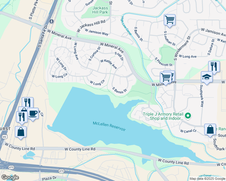 map of restaurants, bars, coffee shops, grocery stores, and more near 7929 South Bemis Street in Littleton