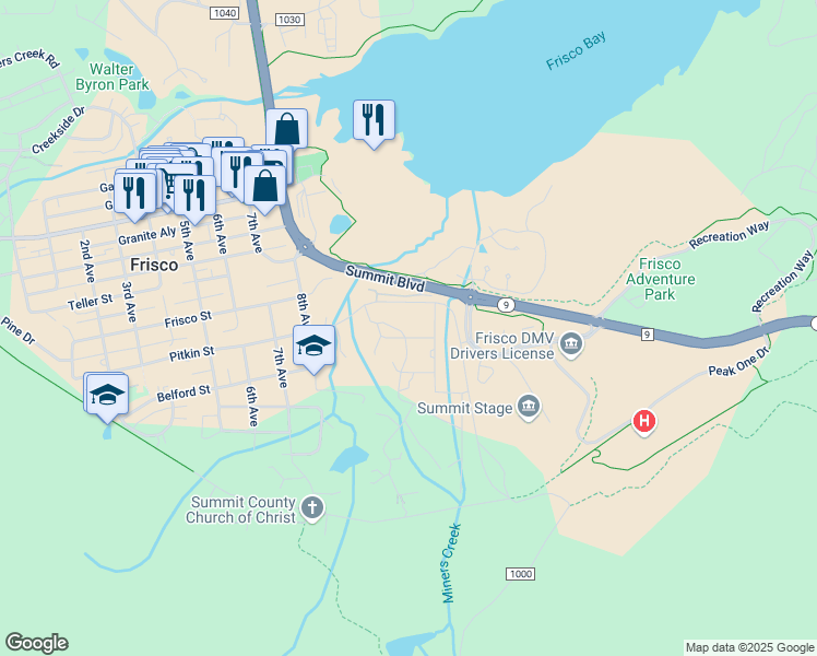 map of restaurants, bars, coffee shops, grocery stores, and more near 114 Stellar Jay Road in Silverthorne