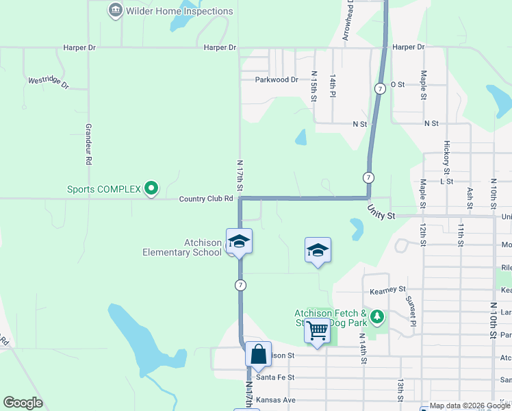 map of restaurants, bars, coffee shops, grocery stores, and more near 1645-1699 Country Club Road in Atchison