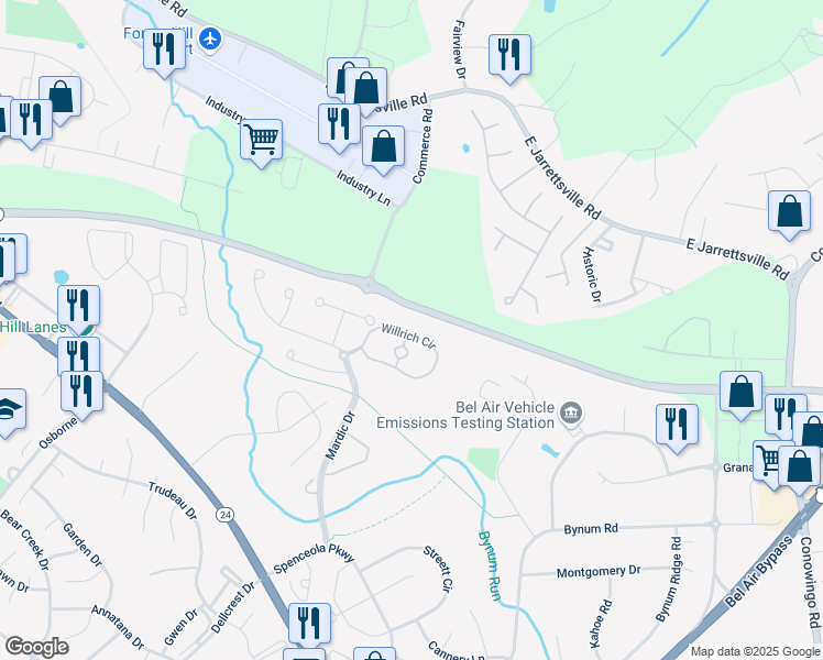 map of restaurants, bars, coffee shops, grocery stores, and more near 306M Willrich Circle in Bel Air North