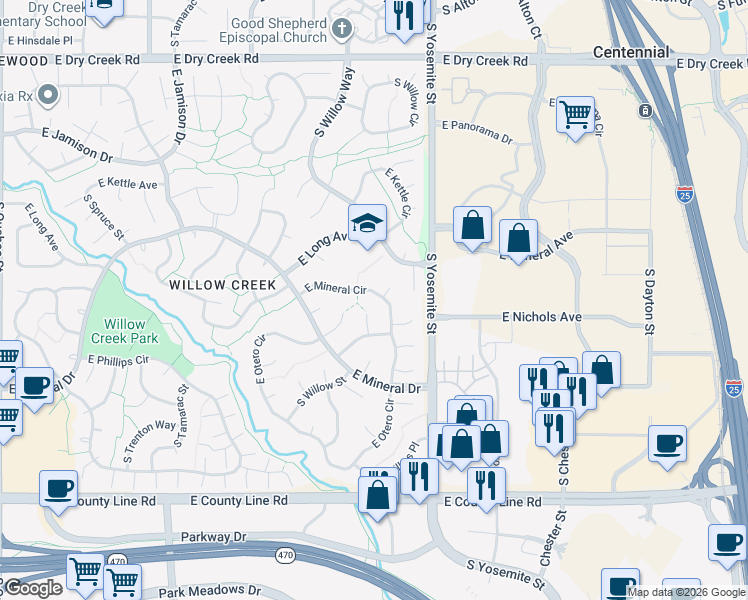 map of restaurants, bars, coffee shops, grocery stores, and more near 8624 East Mineral Circle in Centennial
