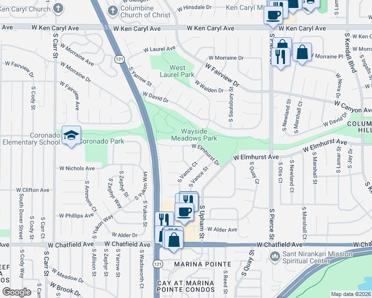 map of restaurants, bars, coffee shops, grocery stores, and more near 7523 West Elmhurst Drive in Littleton