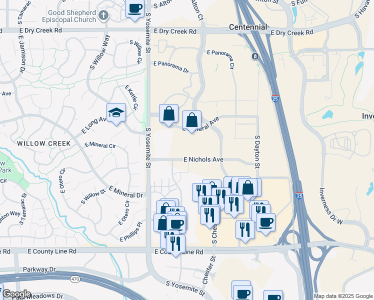 map of restaurants, bars, coffee shops, grocery stores, and more near 9155 East Nichols Avenue in Centennial