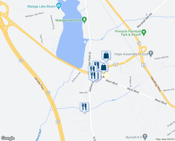 map of restaurants, bars, coffee shops, grocery stores, and more near 112-146 Malaga Park Drive in Franklin