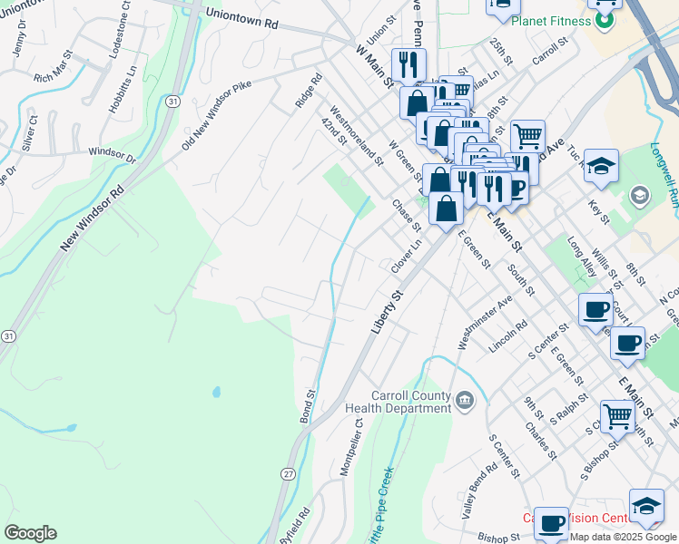 map of restaurants, bars, coffee shops, grocery stores, and more near 91 Ridge Road in Westminster