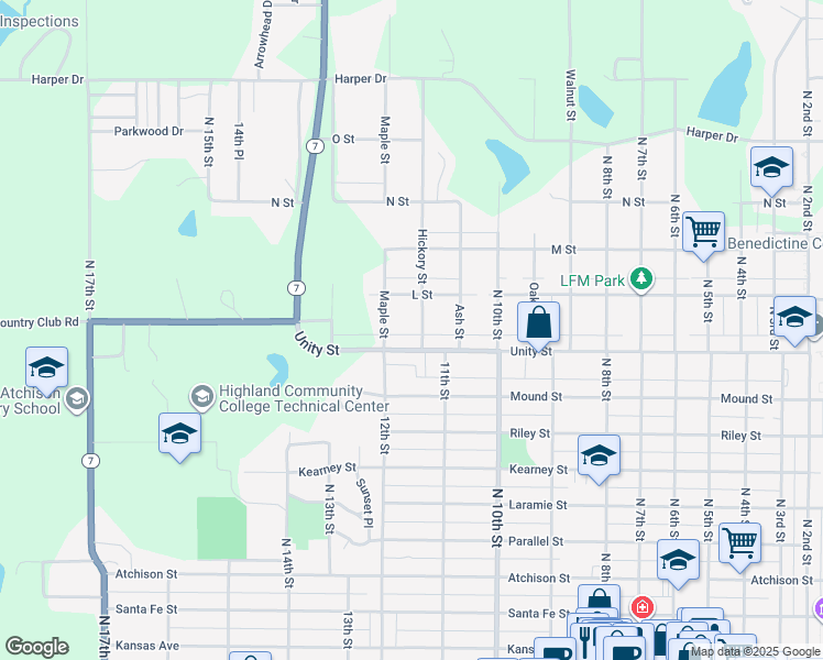 map of restaurants, bars, coffee shops, grocery stores, and more near 1026 Hickory Street in Atchison