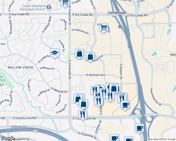map of restaurants, bars, coffee shops, grocery stores, and more near 9155 East Nichols Avenue in Centennial