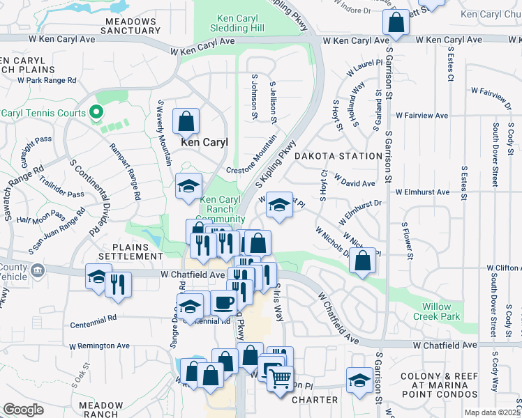 map of restaurants, bars, coffee shops, grocery stores, and more near 9875 West Friend Place in Littleton