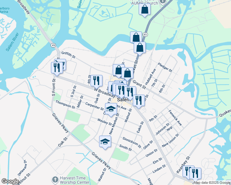 map of restaurants, bars, coffee shops, grocery stores, and more near 130 West Broadway in Salem