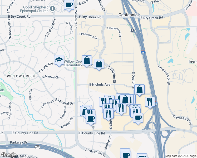 map of restaurants, bars, coffee shops, grocery stores, and more near 9155 East Nichols Avenue in Centennial