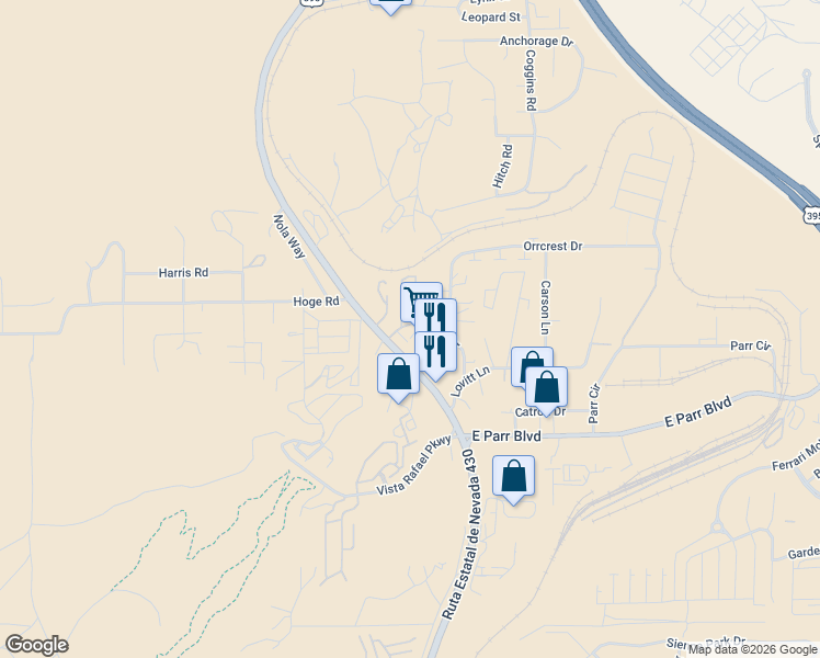 map of restaurants, bars, coffee shops, grocery stores, and more near 4950 North Virginia Street in Reno