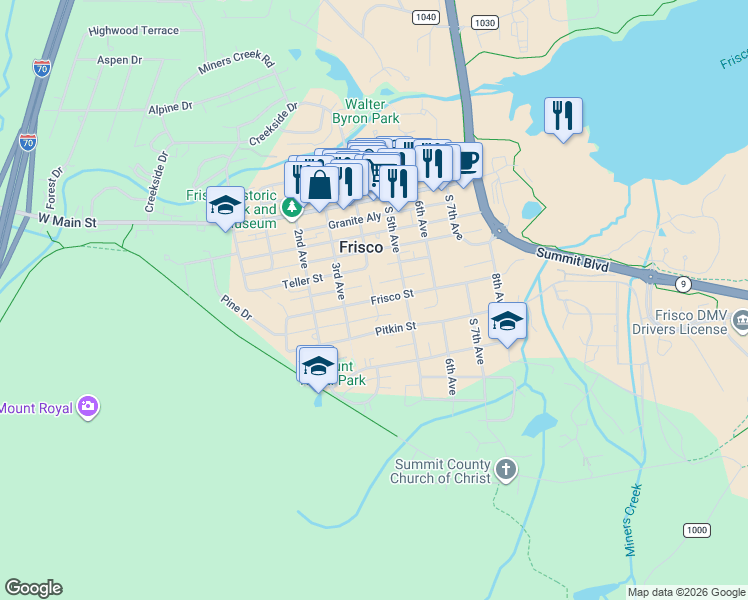 map of restaurants, bars, coffee shops, grocery stores, and more near Frisco Street in Frisco