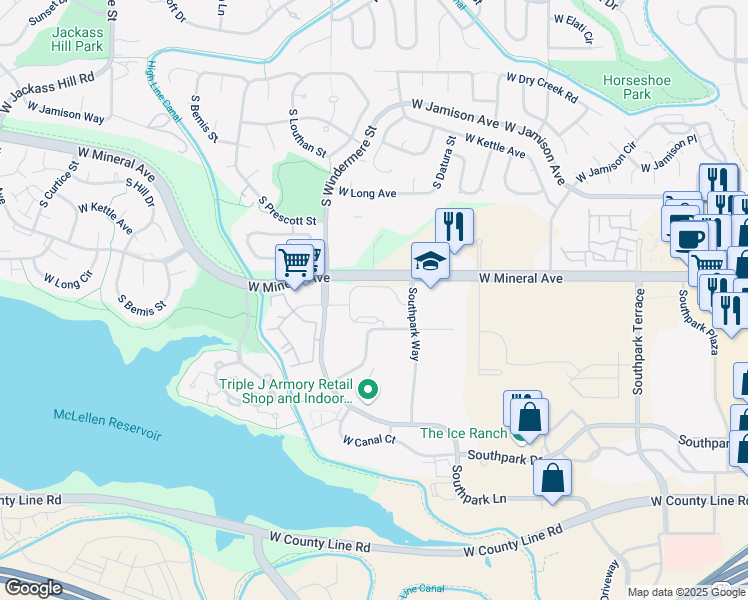 map of restaurants, bars, coffee shops, grocery stores, and more near 1500 West Mineral Avenue in Littleton
