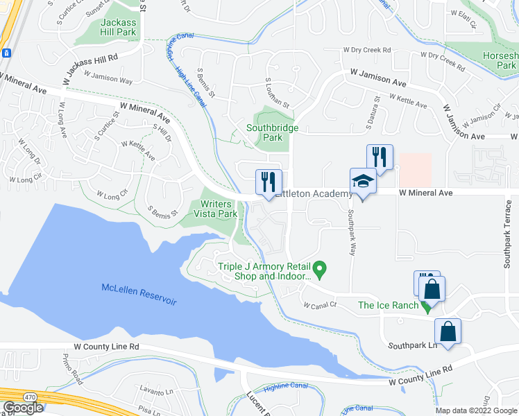 map of restaurants, bars, coffee shops, grocery stores, and more near 1621 West Canal Circle in Littleton