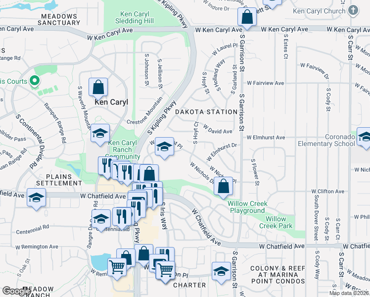 map of restaurants, bars, coffee shops, grocery stores, and more near 9664 West Elmhurst Place in Littleton