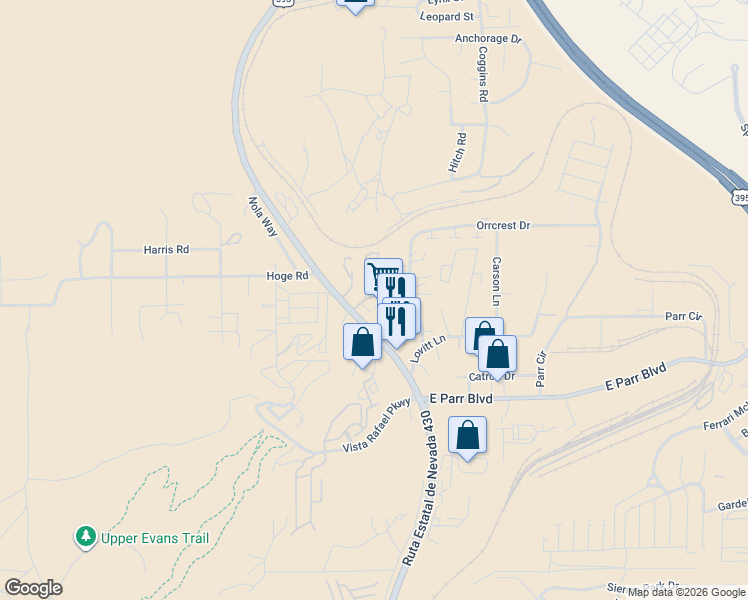 map of restaurants, bars, coffee shops, grocery stores, and more near 4950 North Virginia Street in Reno