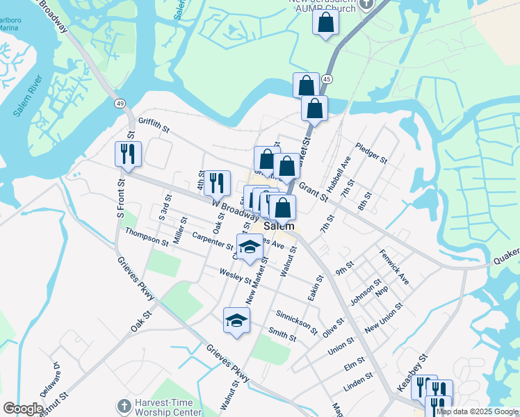 map of restaurants, bars, coffee shops, grocery stores, and more near 130 West Broadway in Salem