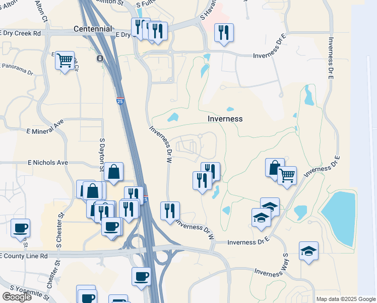 map of restaurants, bars, coffee shops, grocery stores, and more near 10248 Taliesin Drive in Englewood