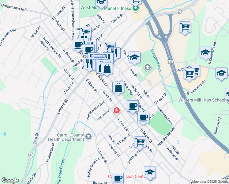 map of restaurants, bars, coffee shops, grocery stores, and more near 111 East Main Street in Westminster