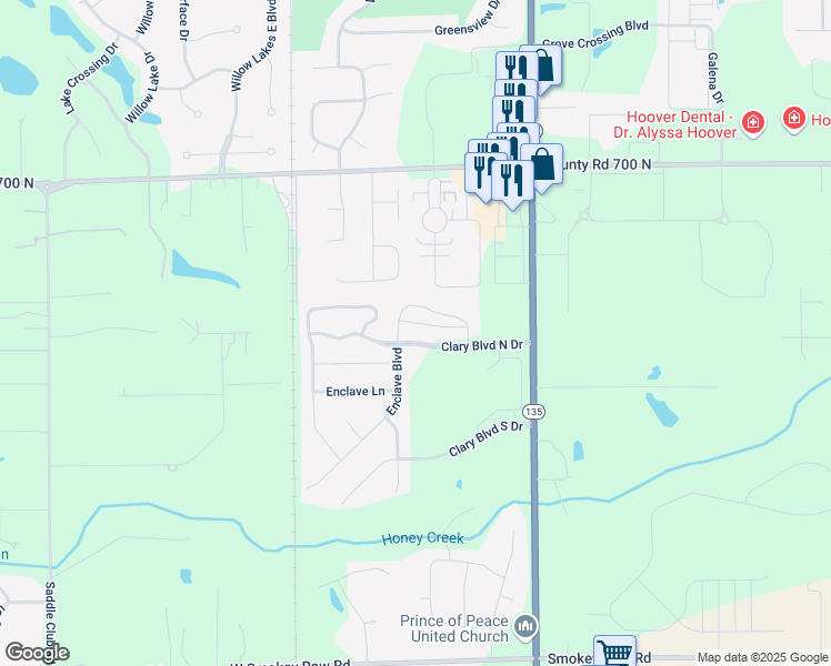 map of restaurants, bars, coffee shops, grocery stores, and more near 3131 Clary Crossing in Greenwood