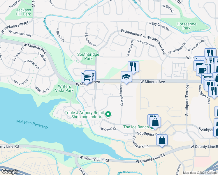 map of restaurants, bars, coffee shops, grocery stores, and more near 1500 West Mineral Avenue in Littleton