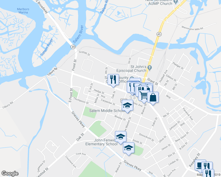 map of restaurants, bars, coffee shops, grocery stores, and more near 109 West Broadway in Salem