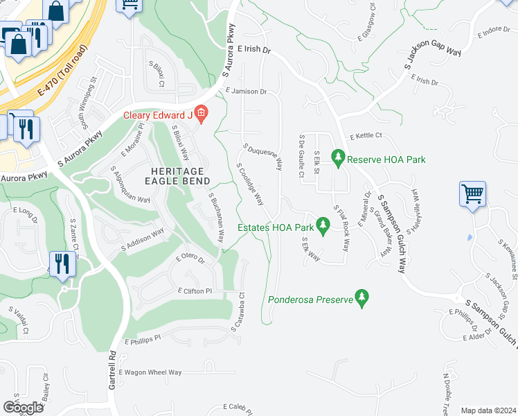 map of restaurants, bars, coffee shops, grocery stores, and more near 7915 South Coolidge Way in Aurora