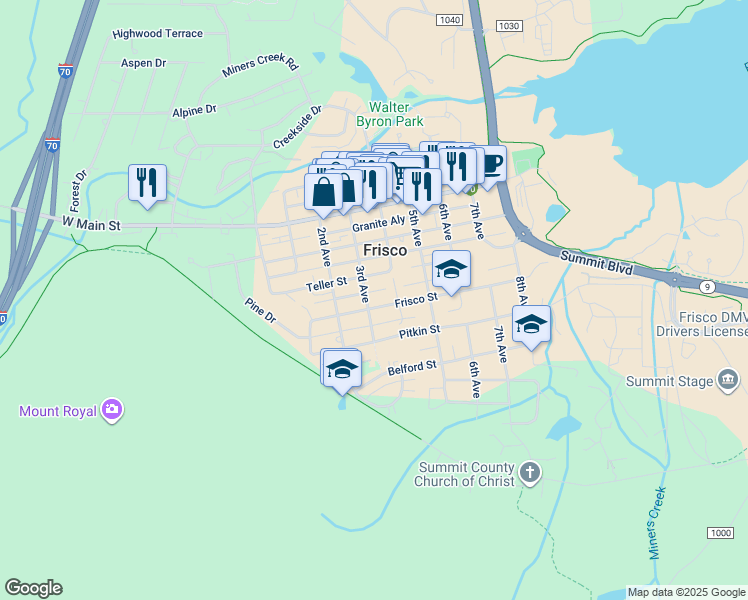 map of restaurants, bars, coffee shops, grocery stores, and more near 301 Frisco Street in Frisco