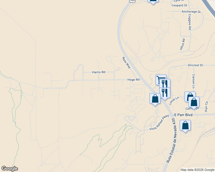 map of restaurants, bars, coffee shops, grocery stores, and more near 500 Hoge Road in Reno