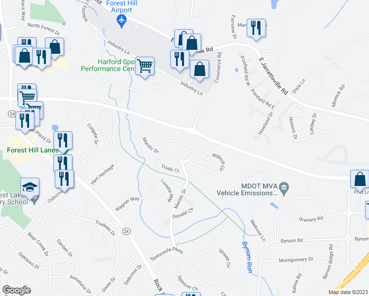 map of restaurants, bars, coffee shops, grocery stores, and more near 323 Esther Drive in Forest Hill