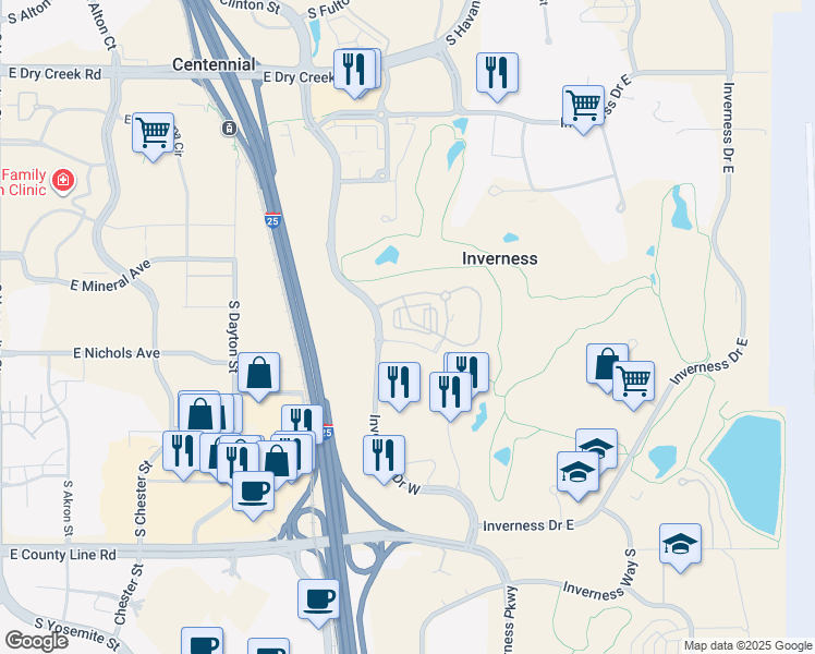 map of restaurants, bars, coffee shops, grocery stores, and more near 10248 Taliesin Drive in Englewood