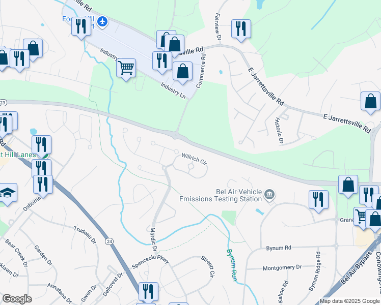 map of restaurants, bars, coffee shops, grocery stores, and more near 304 Willrich Circle in Forest Hill