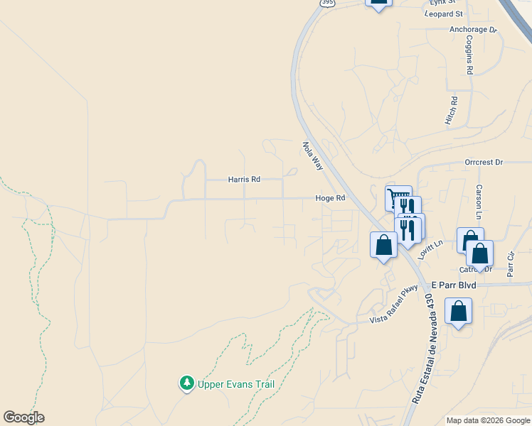 map of restaurants, bars, coffee shops, grocery stores, and more near 500 Hoge Road in Reno