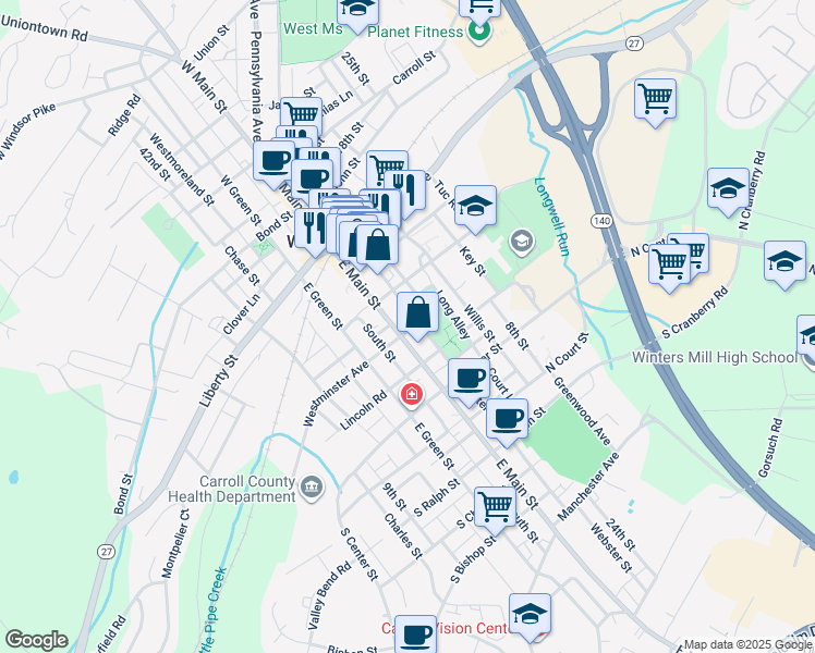map of restaurants, bars, coffee shops, grocery stores, and more near 111 East Main Street in Westminster