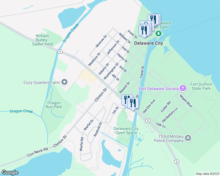 map of restaurants, bars, coffee shops, grocery stores, and more near Delaware 9 in Delaware City
