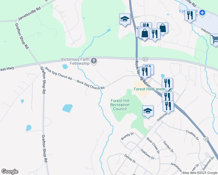 map of restaurants, bars, coffee shops, grocery stores, and more near 109 Rockspring Church Road in Forest Hill