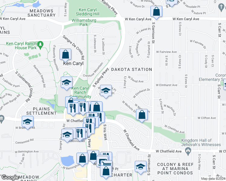 map of restaurants, bars, coffee shops, grocery stores, and more near 9664 West Elmhurst Place in Littleton