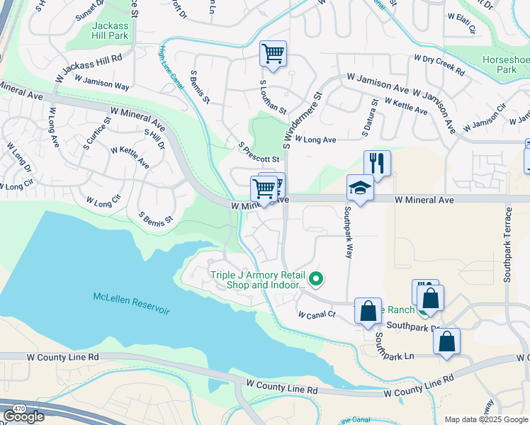 map of restaurants, bars, coffee shops, grocery stores, and more near 1621 West Canal Circle in Littleton
