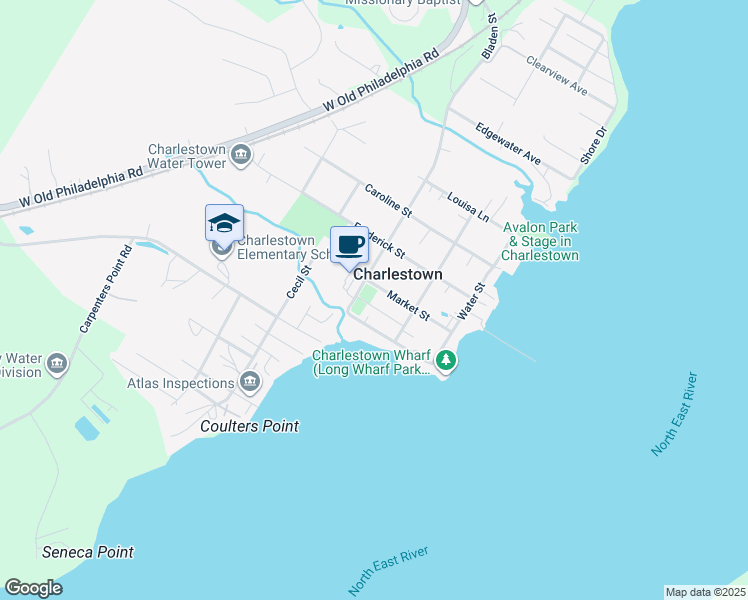 map of restaurants, bars, coffee shops, grocery stores, and more near 239 Market Street in North East
