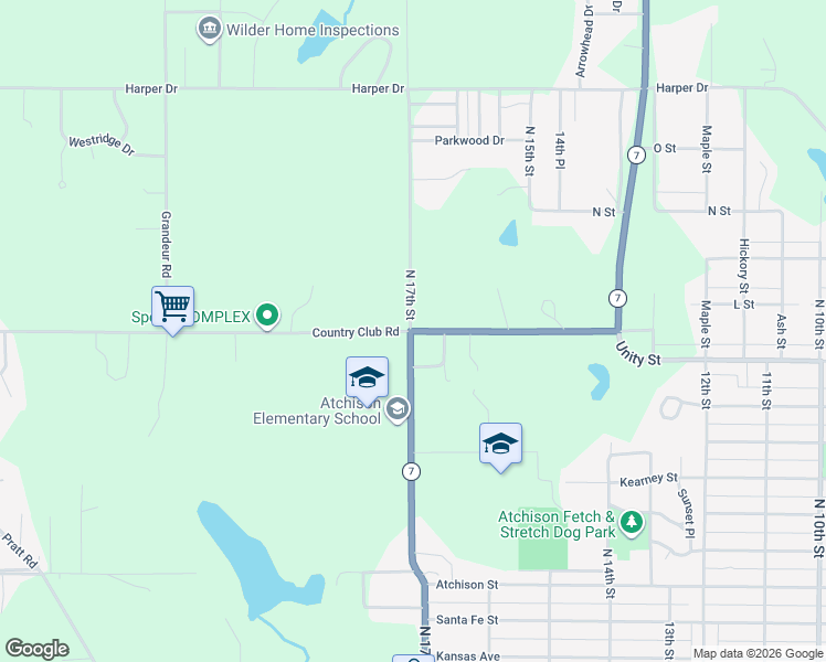 map of restaurants, bars, coffee shops, grocery stores, and more near 1699 Country Club Rd in Atchison