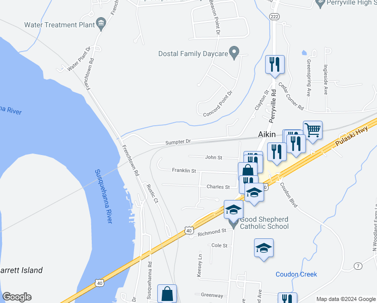 map of restaurants, bars, coffee shops, grocery stores, and more near 122 John Street in Perryville