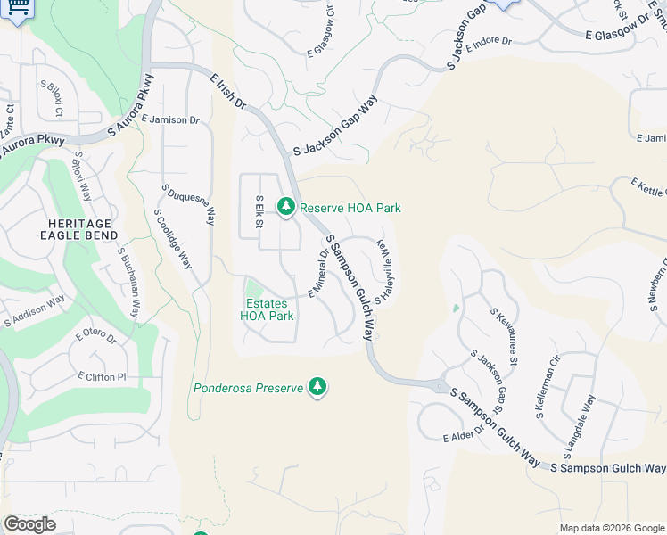 map of restaurants, bars, coffee shops, grocery stores, and more near 7916 South Grand Baker Way in Aurora