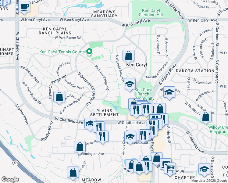 map of restaurants, bars, coffee shops, grocery stores, and more near 10550 West Raspberry Mountain in Littleton