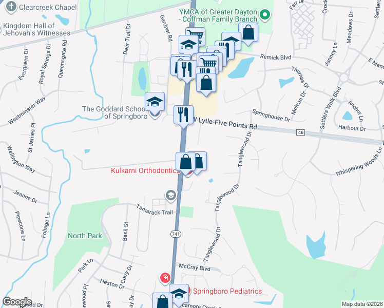 map of restaurants, bars, coffee shops, grocery stores, and more near 620 N Main St in Springboro