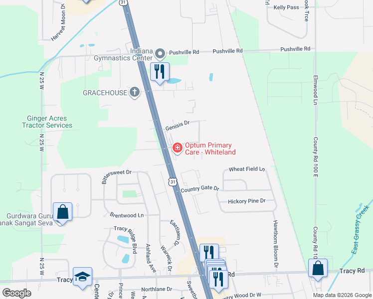 map of restaurants, bars, coffee shops, grocery stores, and more near 528 Rickels Court in Whiteland