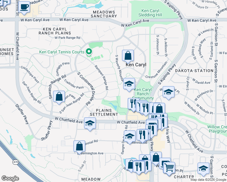 map of restaurants, bars, coffee shops, grocery stores, and more near 10550 West Raspberry Mountain in Littleton