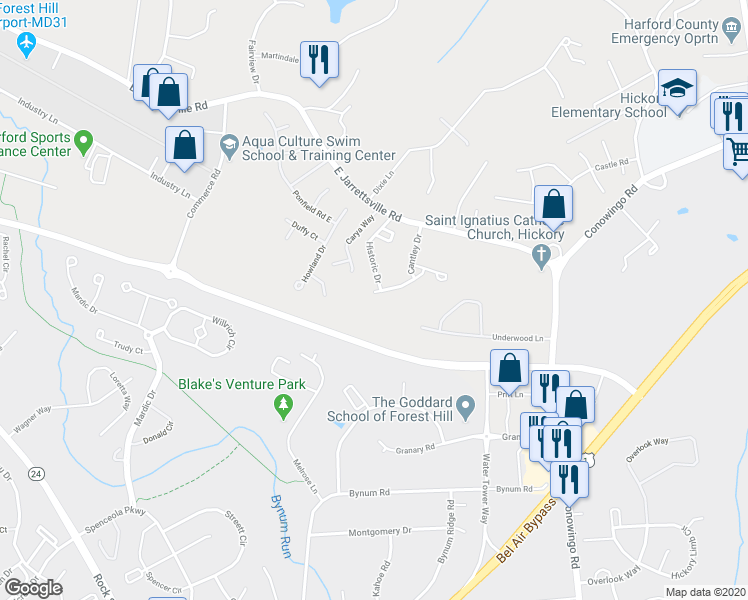 map of restaurants, bars, coffee shops, grocery stores, and more near 2147 Sewanee Drive in Forest Hill