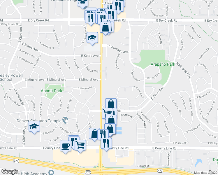 map of restaurants, bars, coffee shops, grocery stores, and more near 7940 South University Boulevard in Centennial