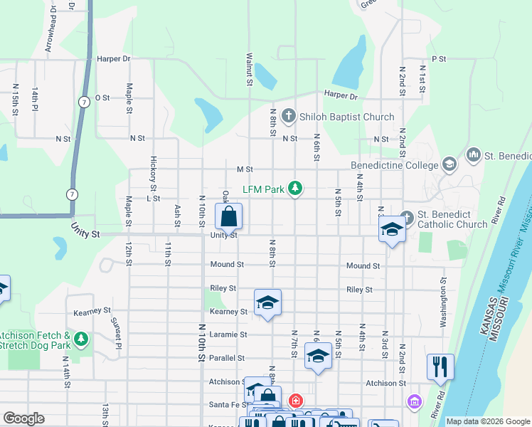 map of restaurants, bars, coffee shops, grocery stores, and more near 1020 Walnut Street in Atchison